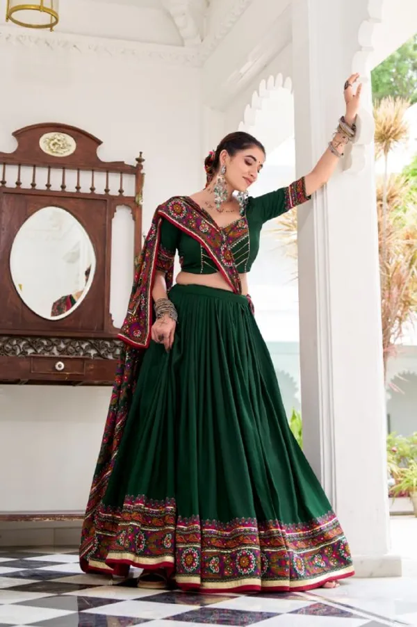 Designer_Bottle_Green_Solid_Body_with_Printed_Border_Dola_Silk_Digital_Print_Festive_Lehenga_Choli_For_Women