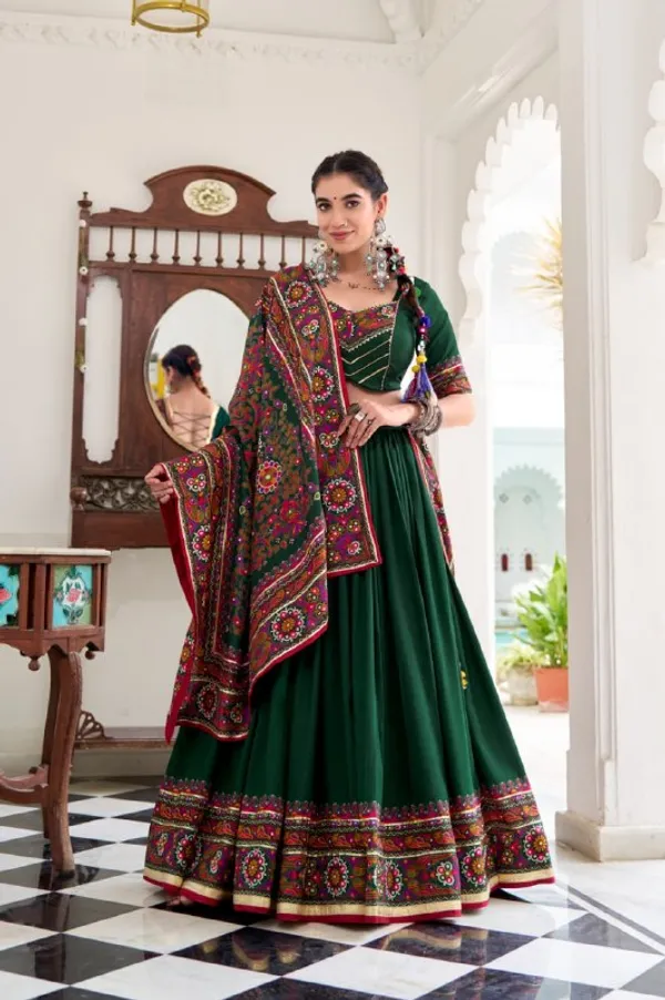 Designer_Bottle_Green_Solid_Body_with_Printed_Border_Dola_Silk_Digital_Print_Festive_Lehenga_Choli_For_Women