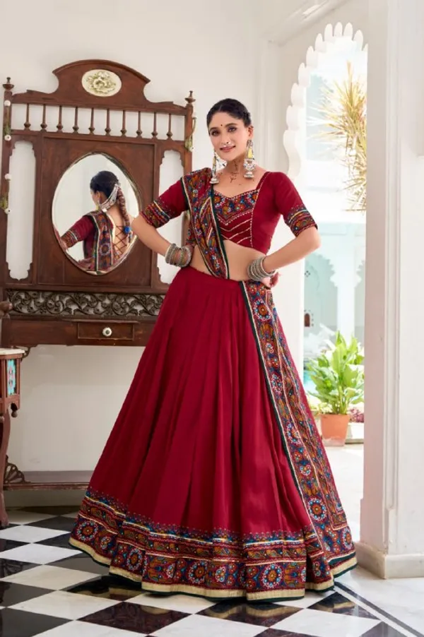 Designer_Deep_Red_Solid_Body_with_Printed_Border_Dola_Silk_Digital_Print_Festive_Lehenga_Choli_For_Women