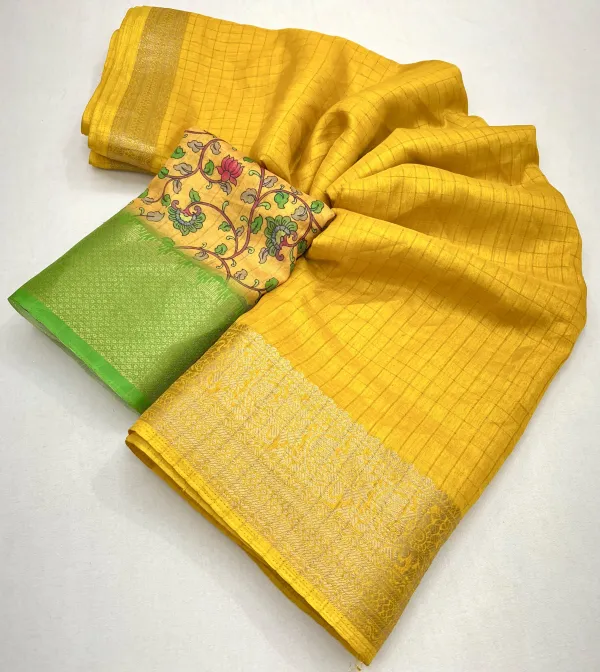Yellow_Cotton_Silk_Self_Design_&_Printed_&_Animal_Print_&_Checkered_Bollywood_Pure_Regular_Saree_For_Women