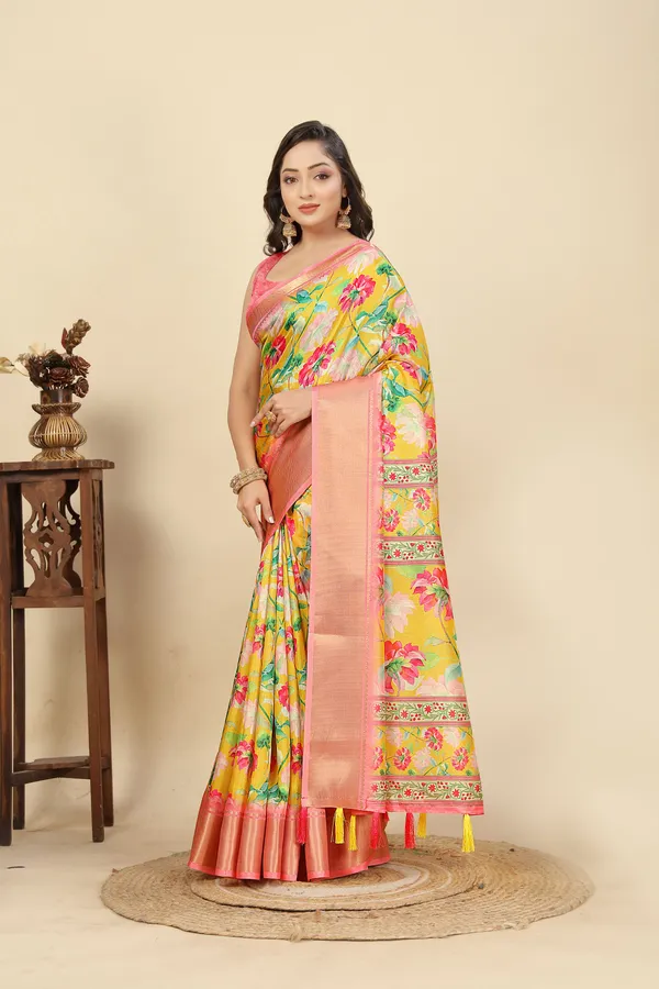 Yellow_Cotton_Silk_Self_Design_&_Checkered_&_Printed_Madhubani_Blend_Regular_Saree_For_Women