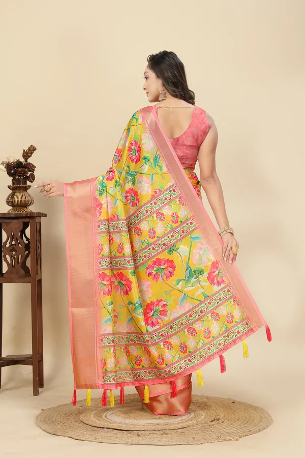 Yellow_Cotton_Silk_Self_Design_&_Checkered_&_Printed_Madhubani_Blend_Regular_Saree_For_Women