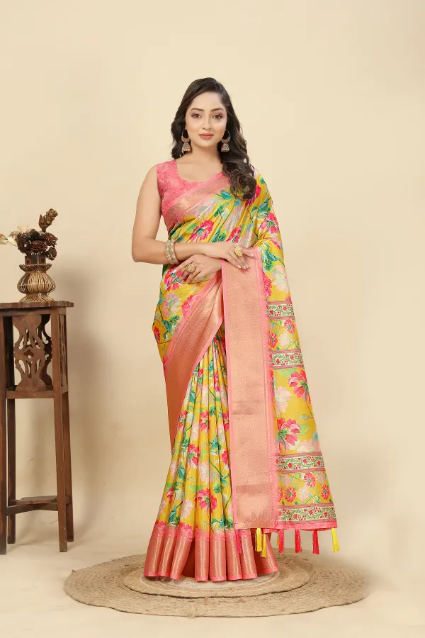 Yellow_Cotton_Silk_Self_Design_&_Checkered_&_Printed_Madhubani_Blend_Regular_Saree_For_Women