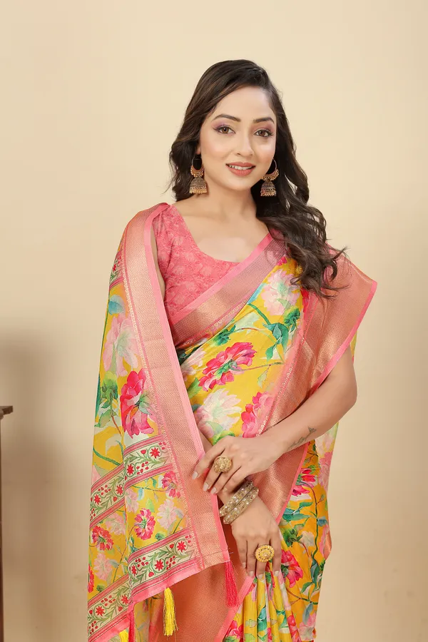 Yellow_Cotton_Silk_Self_Design_&_Checkered_&_Printed_Madhubani_Blend_Regular_Saree_For_Women