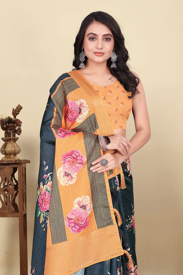 Blue_Cotton_Silk_Self_Design_&_Checkered_&_Printed_Madhubani_Blend_Regular_Saree_For_Women