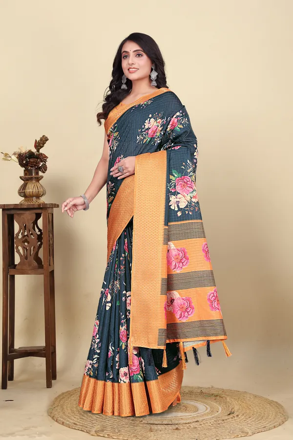 Blue_Cotton_Silk_Self_Design_&_Checkered_&_Printed_Madhubani_Blend_Regular_Saree_For_Women