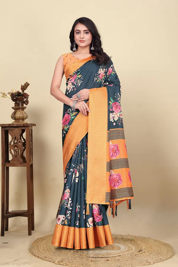 Blue_Cotton_Silk_Self_Design_&_Checkered_&_Printed_Madhubani_Blend_Regular_Saree_For_Women