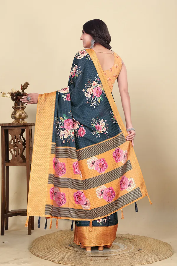 Blue_Cotton_Silk_Self_Design_&_Checkered_&_Printed_Madhubani_Blend_Regular_Saree_For_Women