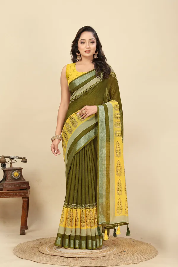 Green_&_Yellow_Cotton_Silk_Floral_Print_Hand_Batik_Pure_Regular_Saree_For_Women