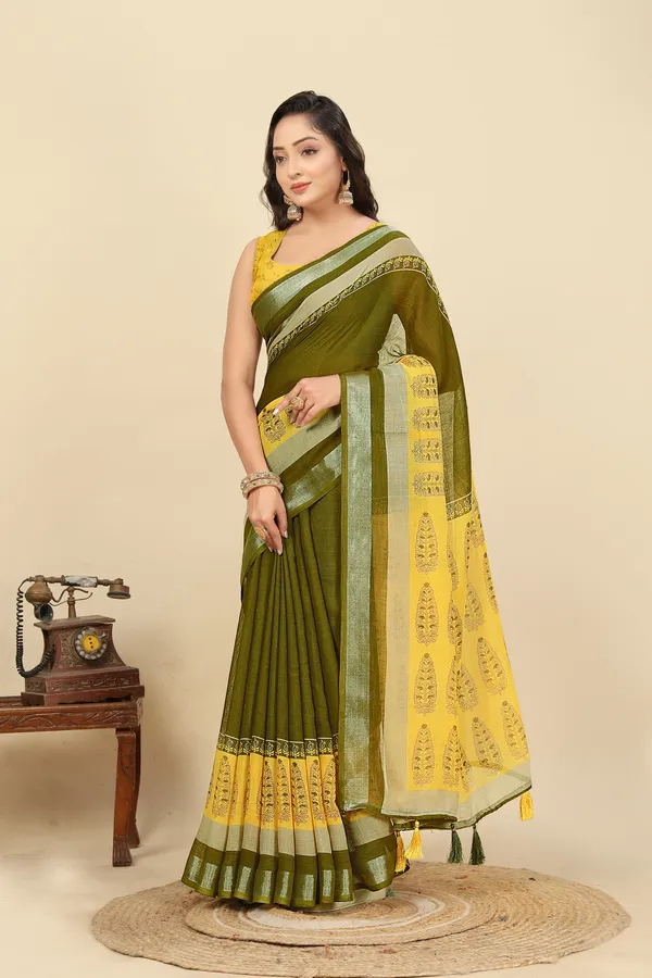 Green_&_Yellow_Cotton_Silk_Floral_Print_Hand_Batik_Pure_Regular_Saree_For_Women