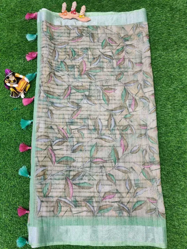 Green_&_Grey_Linen_Floral_Print_Bollywood_Pure_Regular_Saree_For_Women