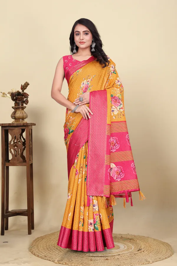 Yellow_Cotton_Silk_Self_Design_&_Checkered_&_Printed_Madhubani_Blend_Regular_Saree_For_Women