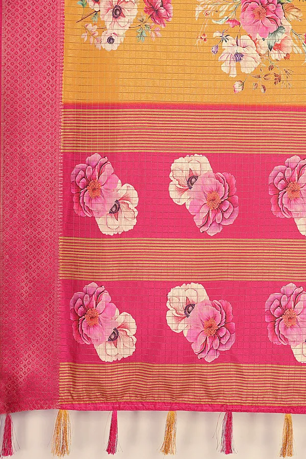 Yellow_Cotton_Silk_Self_Design_&_Checkered_&_Printed_Madhubani_Blend_Regular_Saree_For_Women