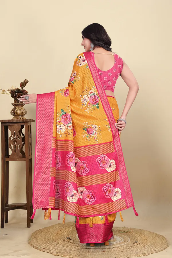 Yellow_Cotton_Silk_Self_Design_&_Checkered_&_Printed_Madhubani_Blend_Regular_Saree_For_Women