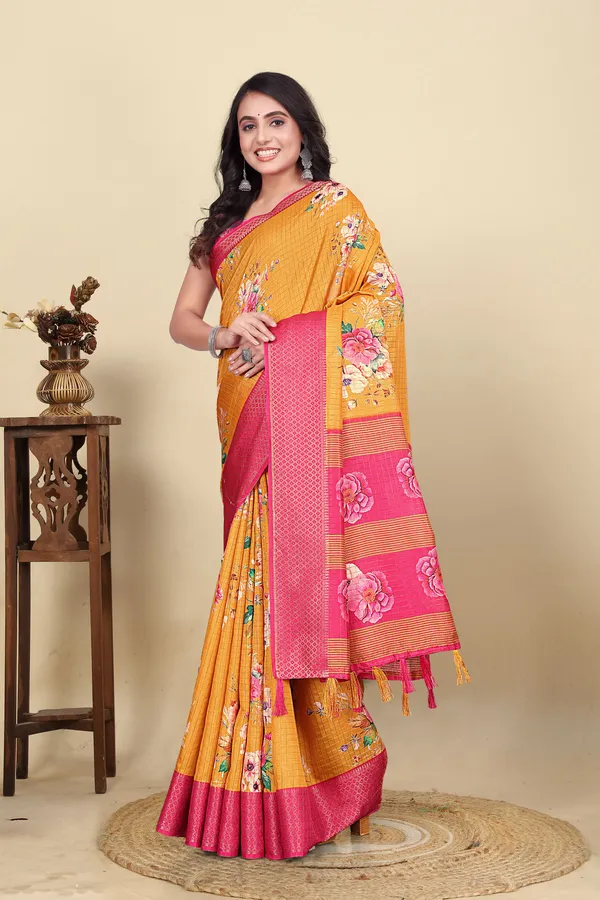 Yellow_Cotton_Silk_Self_Design_&_Checkered_&_Printed_Madhubani_Blend_Regular_Saree_For_Women