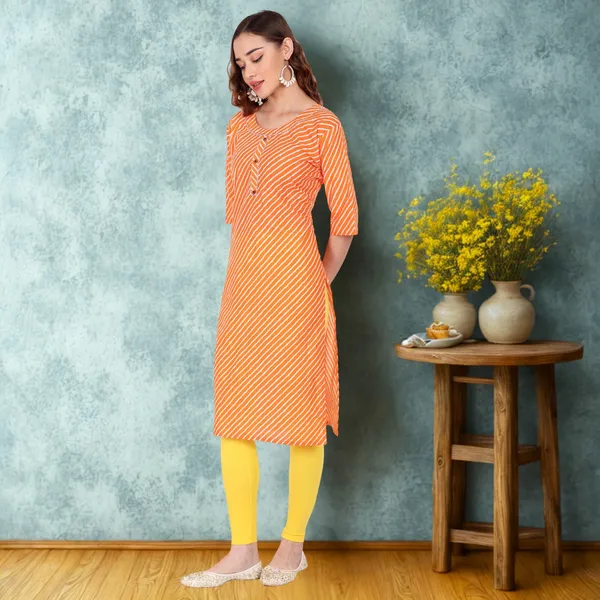 Orange_Leheriya_Cambric_Cotton_Handwork_Kurta
