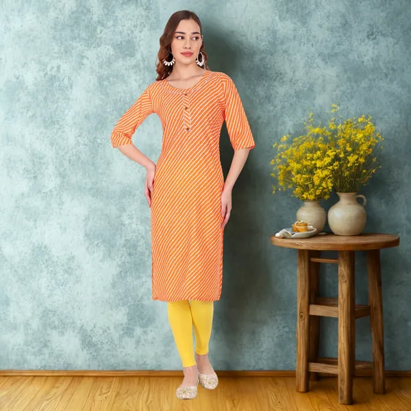 Orange_Leheriya_Cambric_Cotton_Handwork_Kurta
