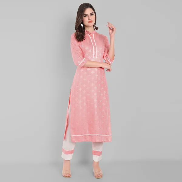 Peach_Self_Print_Slub_Cotton_Kurta_Set