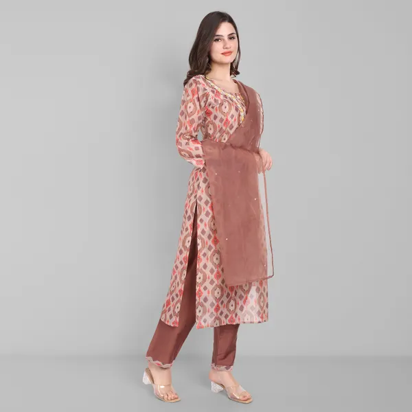 Brown_Chanderi_Ikat_Handwork_Kurta_Pant_and_Dupatta_set
