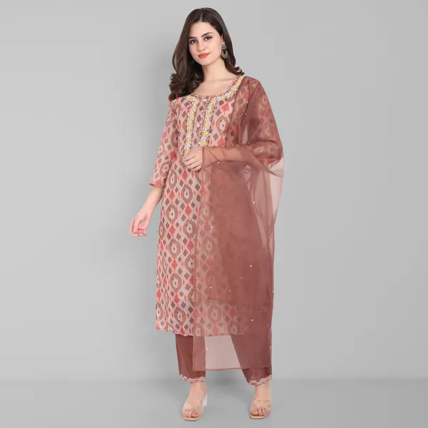 Brown_Chanderi_Ikat_Handwork_Kurta_Pant_and_Dupatta_set