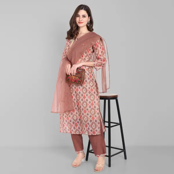 Brown_Chanderi_Ikat_Handwork_Kurta_Pant_and_Dupatta_set