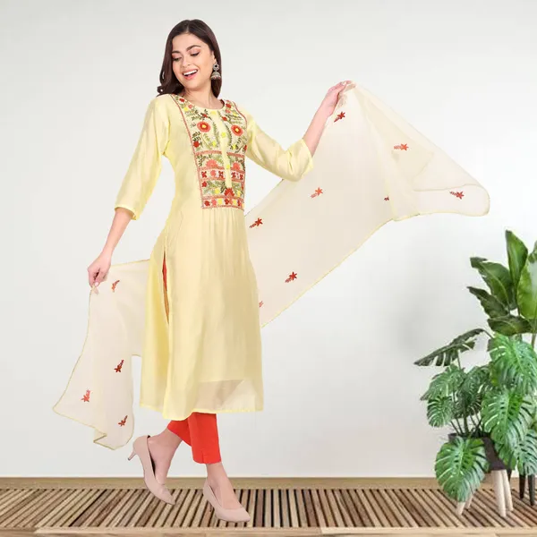 Yellow_Muslin_Hand_Embroidered_Kurta_with_Organza_Dupatta