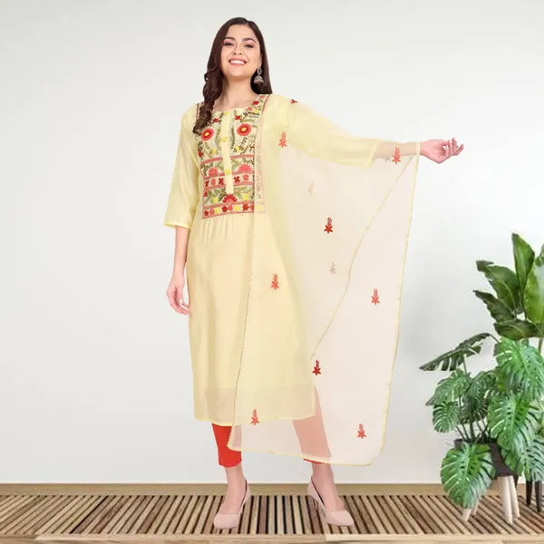 Yellow_Muslin_Hand_Embroidered_Kurta_with_Organza_Dupatta