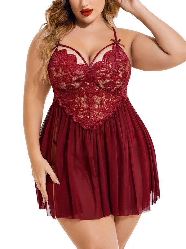 Maroon_Lycra_And_Mesh_Crimson_Bloom_Babydoll_Lingerie_Set_For_Women