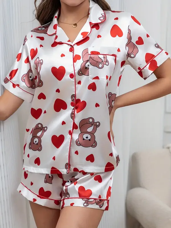 White_Lycra_And_Mesh_Bear_&_Heart_Print_Night_Suit_For_Women