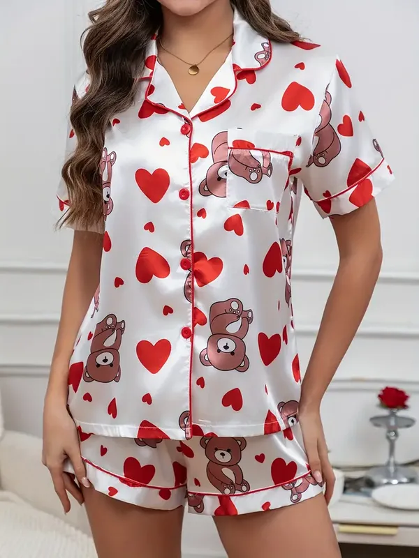 White_Lycra_And_Mesh_Bear_&_Heart_Print_Night_Suit_For_Women