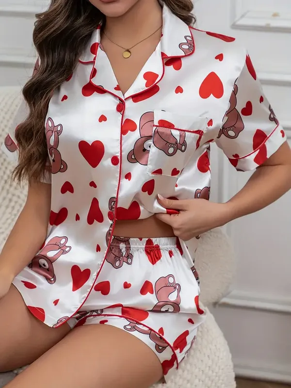 White_Lycra_And_Mesh_Bear_&_Heart_Print_Night_Suit_For_Women