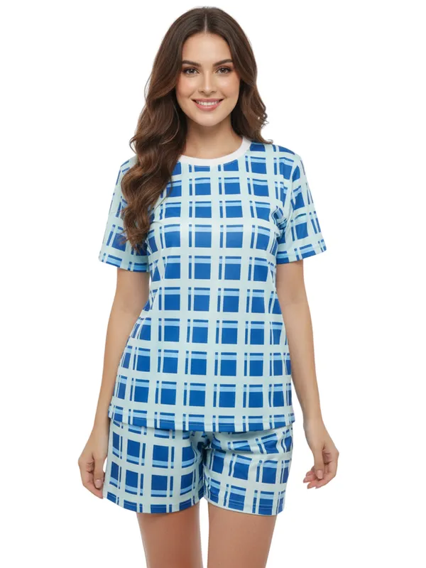 Blue_Lycra_And_Mesh_Check_Print_Nightwear_For_Women
