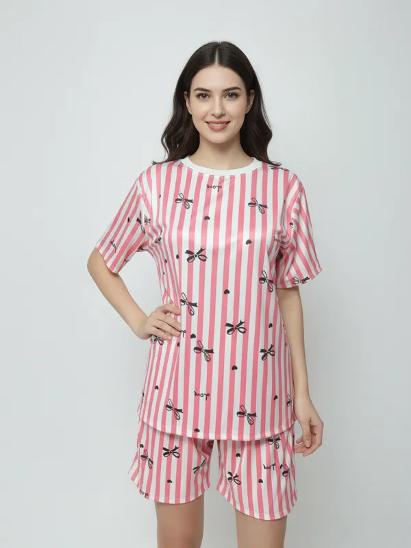 Pink_Lycra_And_Mesh_Striped_Soft_Nightwear_Set_For_Women