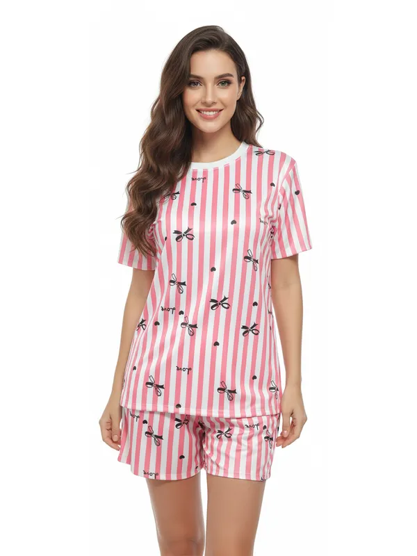 Pink_Lycra_And_Mesh_Striped_Soft_Nightwear_Set_For_Women