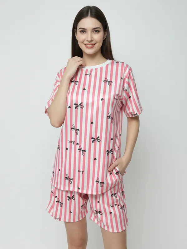 Pink_Lycra_And_Mesh_Striped_Soft_Nightwear_Set_For_Women