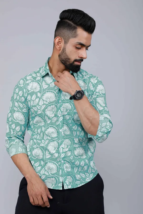 Men's_Cotton_Green_Floral_Printed_Slim_Fit_Shirt_-_Doriyan