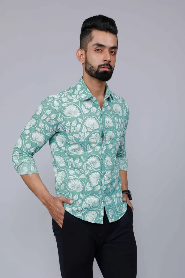 Men's_Cotton_Green_Floral_Printed_Slim_Fit_Shirt_-_Doriyan