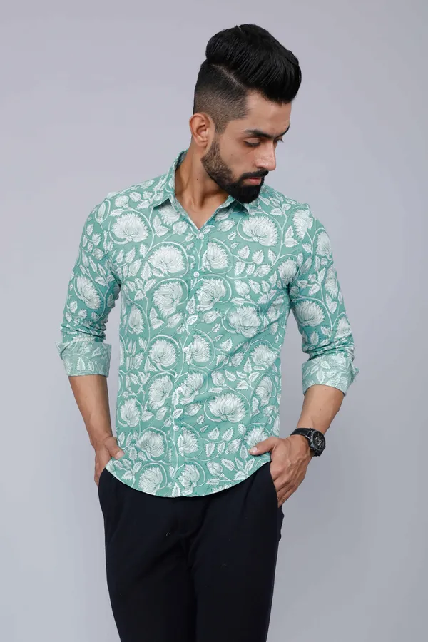 Men's_Cotton_Green_Floral_Printed_Slim_Fit_Shirt_-_Doriyan