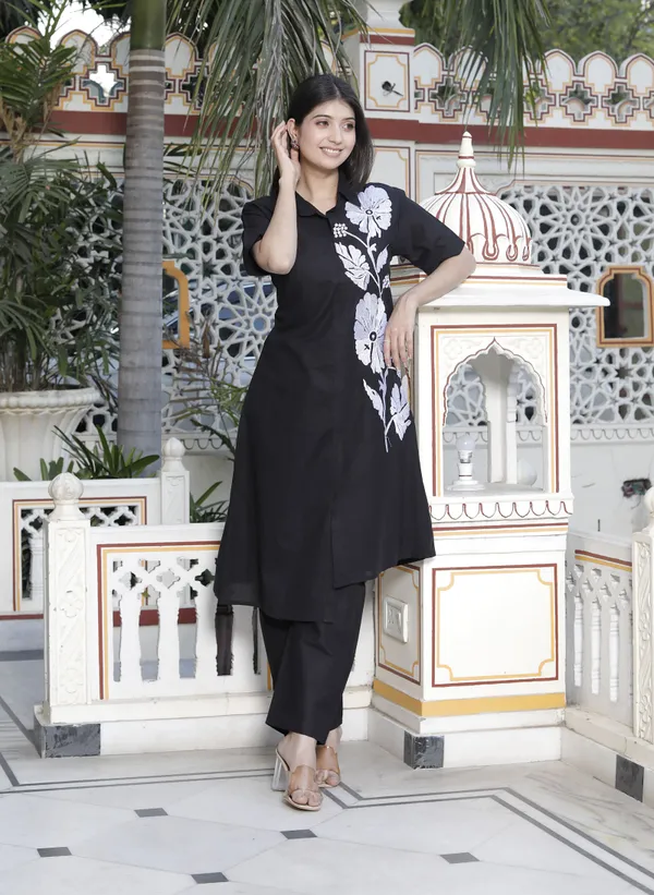 Doriyan_Womens_Black_Pure_Cotton_Floral_Embroidered_High_Low_Co-Ord_Set