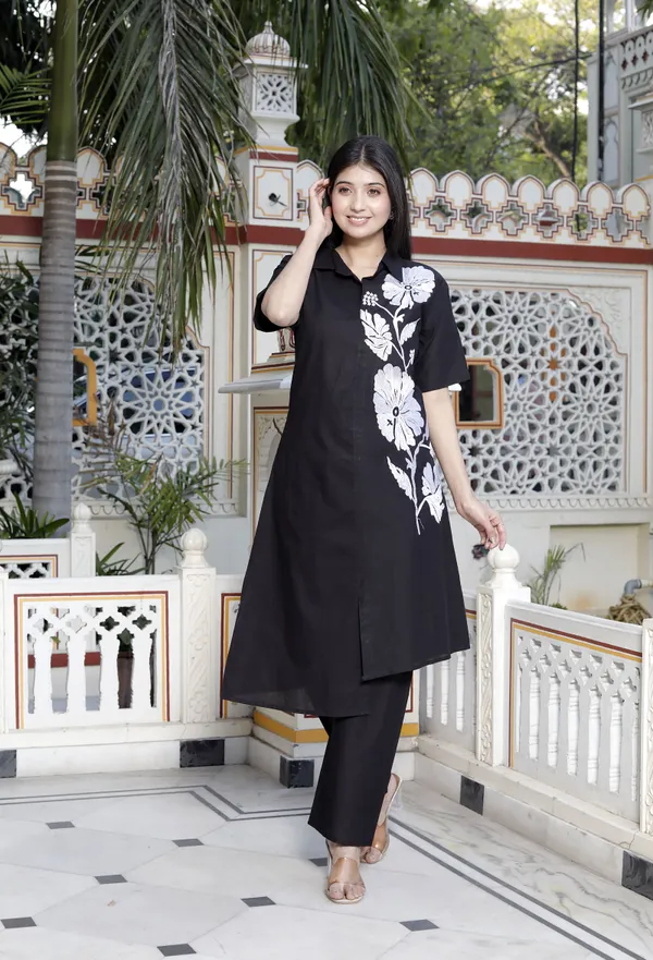Doriyan_Womens_Black_Pure_Cotton_Floral_Embroidered_High_Low_Co-Ord_Set