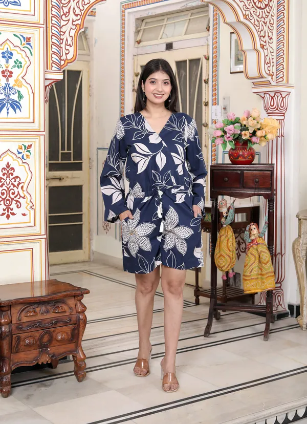 Doriyaaan_Womens_Blue_V_Neck_Tie-Ups_Floral_Pure_Cotton_Casual_Long_Sleeves_Playsuit
