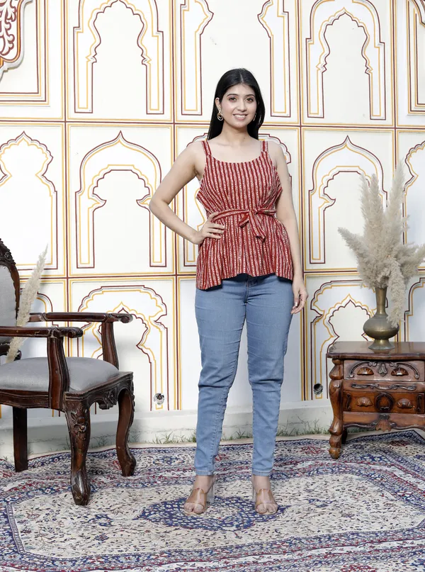 Doriyan_Womens_Peplum_Fit_Printed_Pure_Cotton_Red_Color_Noodle_Straps_Top
