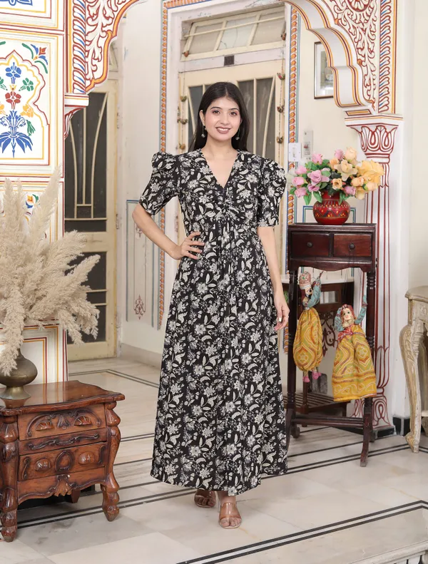 Doriyan_Womens_Pleated_Puff_Sleeve_Floral_Pure_Cotton_Black_And_White_Butterfly_Maxi_Dress