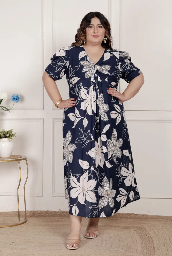 Doriyan_Womens_Plus_Size_Blue_Flower_Printed_Puff_Sleeve_Pure_Cotton_Fit_V_Neck_Butterfly_Middi_Dress