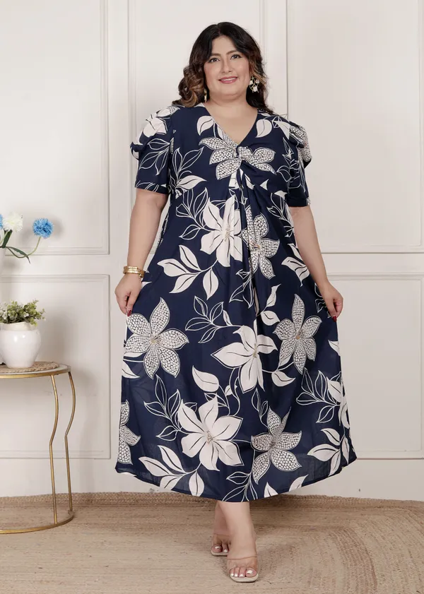 Doriyan_Womens_Plus_Size_Blue_Flower_Printed_Puff_Sleeve_Pure_Cotton_Fit_V_Neck_Butterfly_Middi_Dress