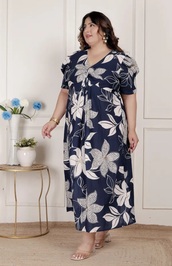 Doriyan_Womens_Plus_Size_Blue_Flower_Printed_Puff_Sleeve_Pure_Cotton_Fit_V_Neck_Butterfly_Middi_Dress