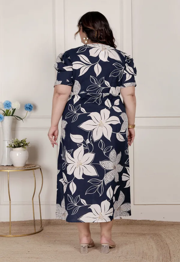 Doriyan_Womens_Plus_Size_Blue_Flower_Printed_Puff_Sleeve_Pure_Cotton_Fit_V_Neck_Butterfly_Middi_Dress