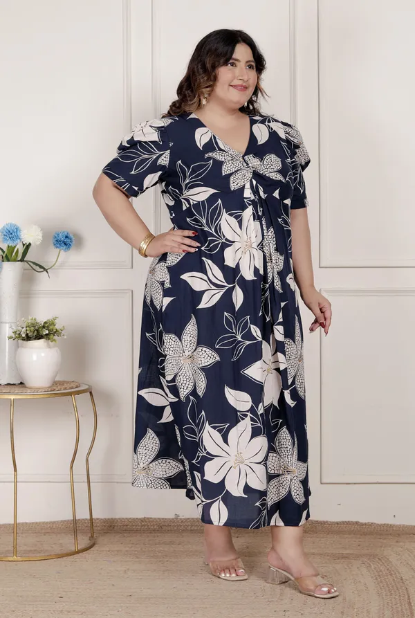 Doriyan_Womens_Plus_Size_Blue_Flower_Printed_Puff_Sleeve_Pure_Cotton_Fit_V_Neck_Butterfly_Middi_Dress