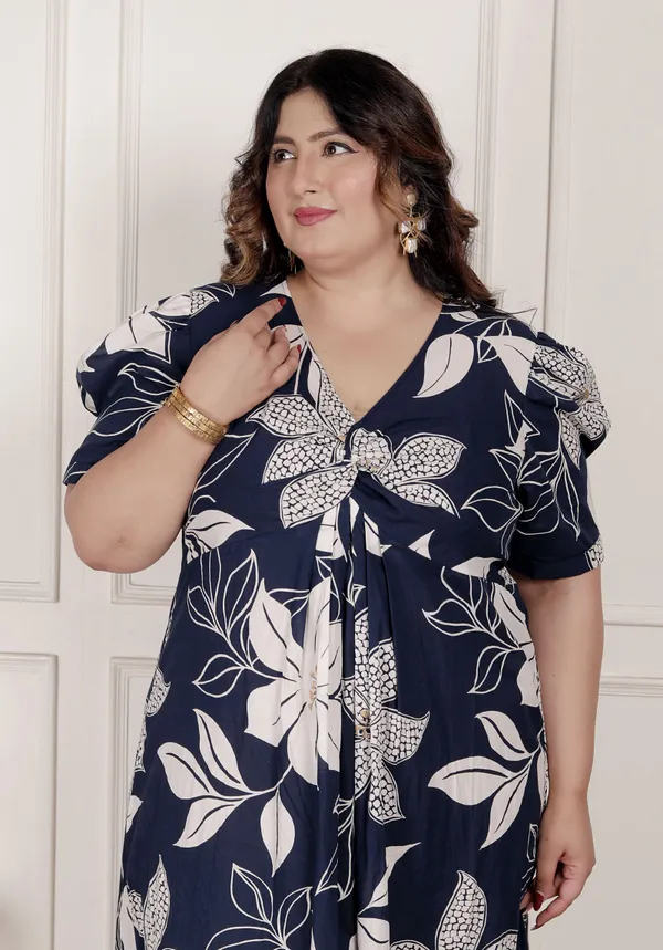 Doriyan_Womens_Plus_Size_Blue_Flower_Printed_Puff_Sleeve_Pure_Cotton_Fit_V_Neck_Butterfly_Middi_Dress