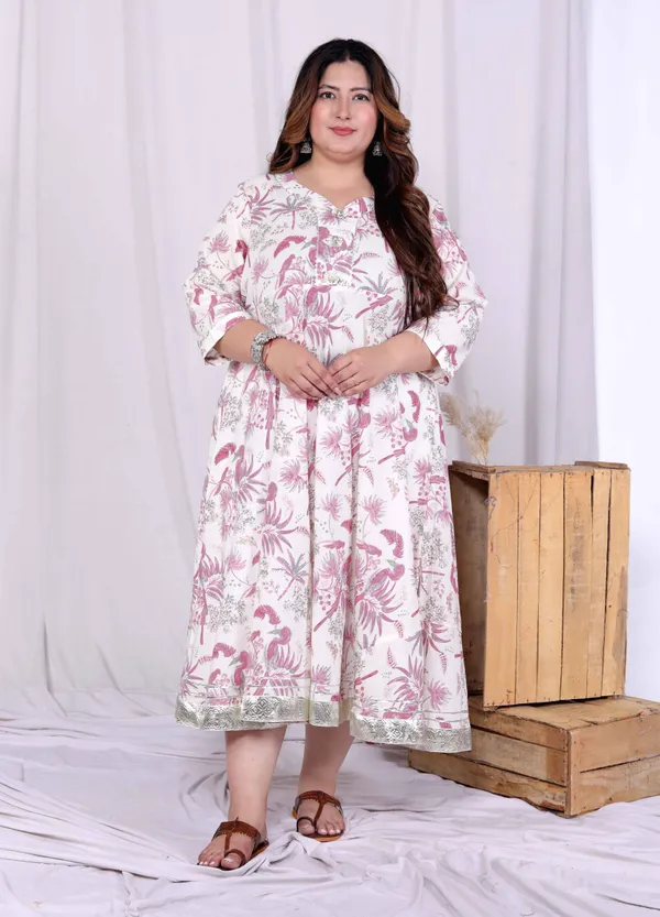 Doriyaaan_Women's_Plus_Size_Pink_Cotton_Gota_and_Lace_Border_Birds_and_Leaf_Floral_Printed_Anarkali_Kurta